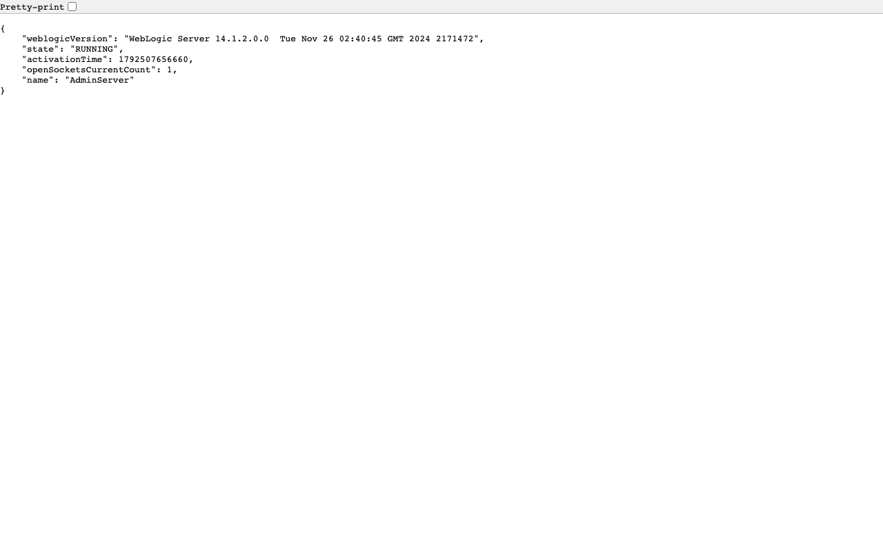 The REST management API in a browser showing the AdminServer RUNNING on WebLogic Server 14.1.2.0.0