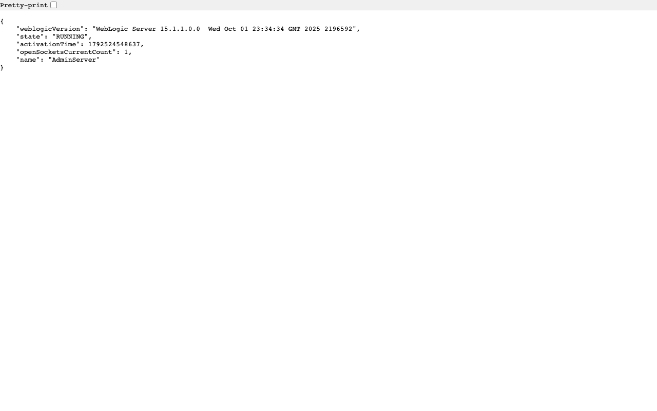 The REST management API in a browser showing the AdminServer RUNNING on WebLogic Server 15.1.1.0.0