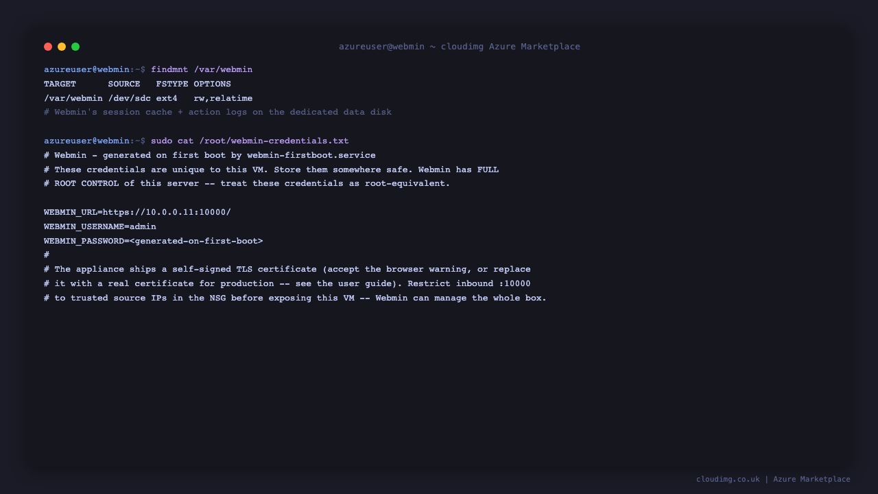 The root only 0600 credentials file containing the unique per-VM Webmin admin password