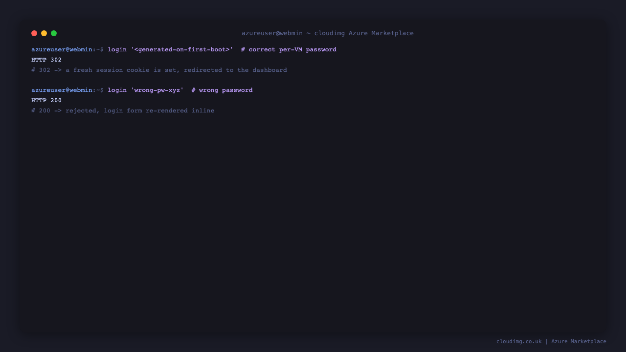 The admin authentication round trip: the correct per-VM password returns 302 with a fresh session cookie, and a wrong password is rejected