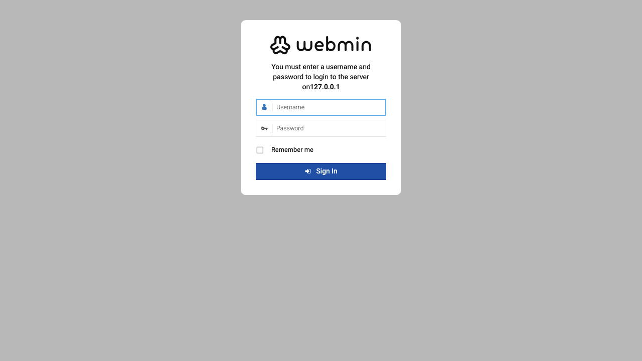 The Webmin login page in the browser
