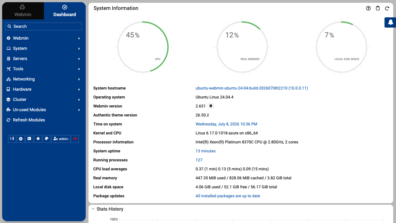 The Webmin system dashboard after signing in as admin