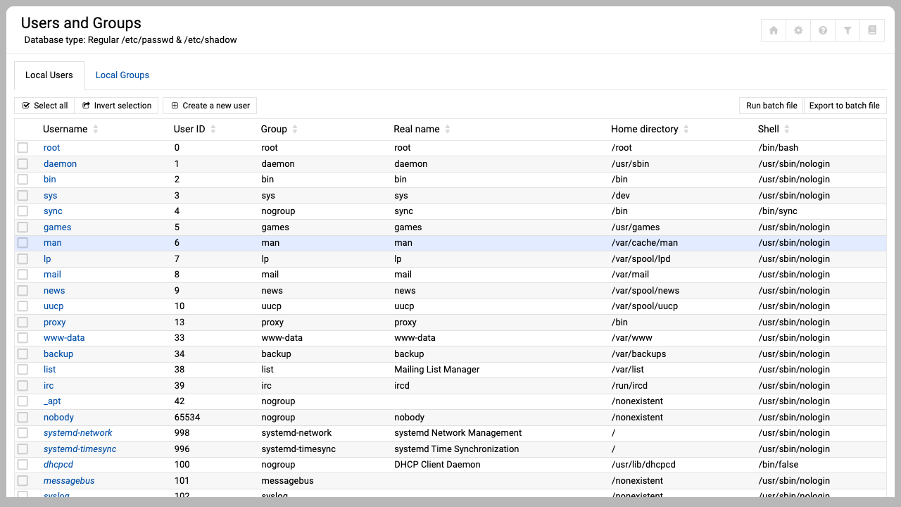 The Webmin Users and Groups module listing the system accounts