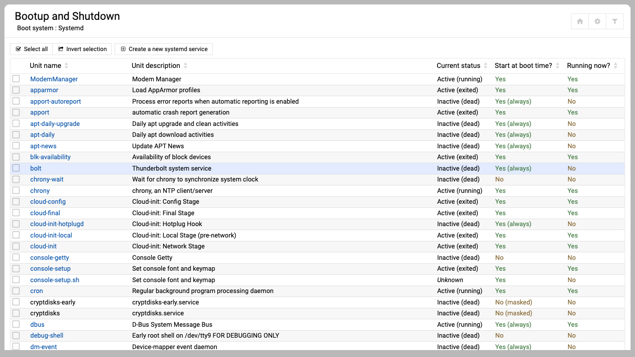 The Webmin Bootup and Shutdown / Running Processes view listing systemd services