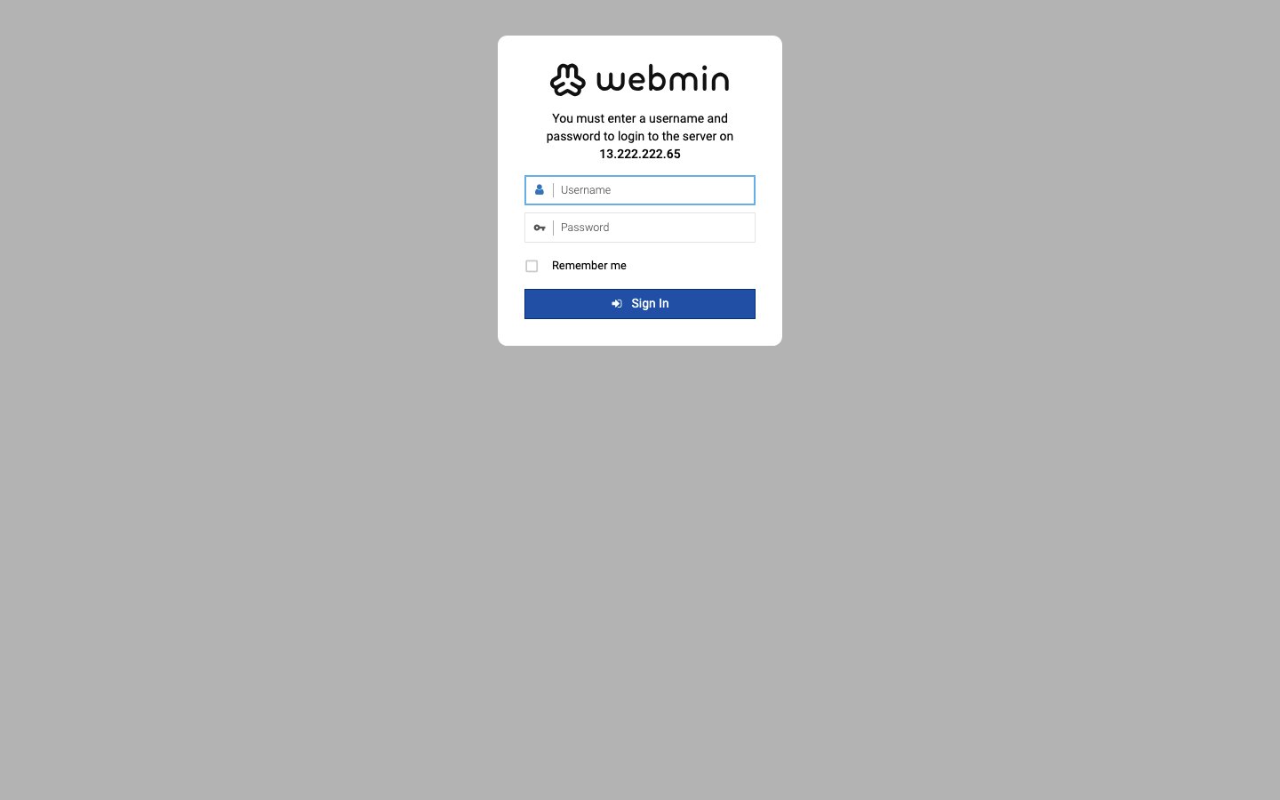 The Webmin sign in page asking for a username and password to log in to the server at the instance's address