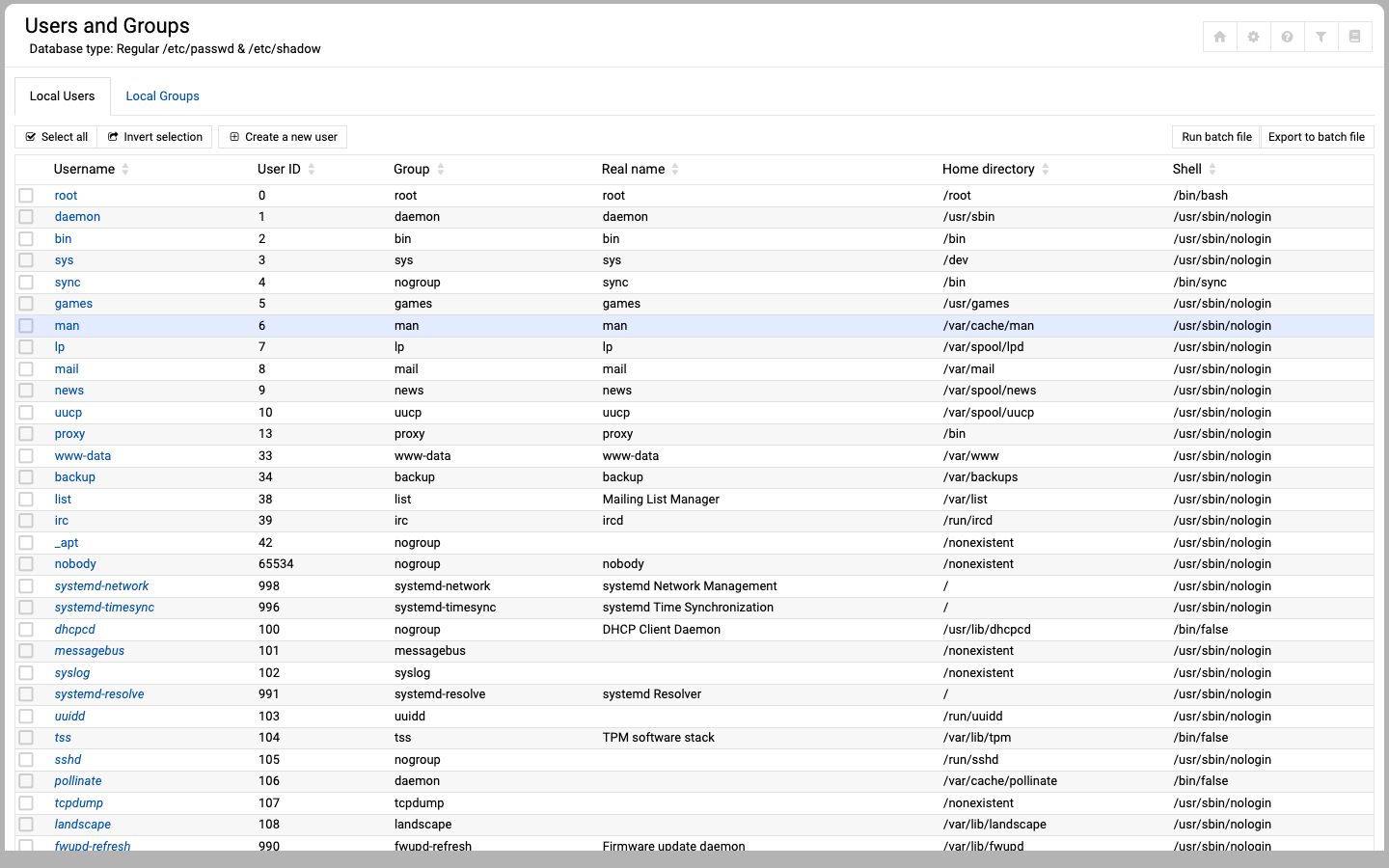 The Users and Groups module listing the local Unix users with their user IDs, groups, home directories and shells