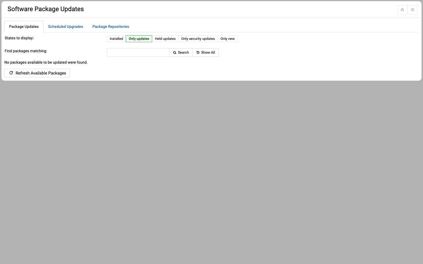 The Software Package Updates module reporting that no packages are available to be updated