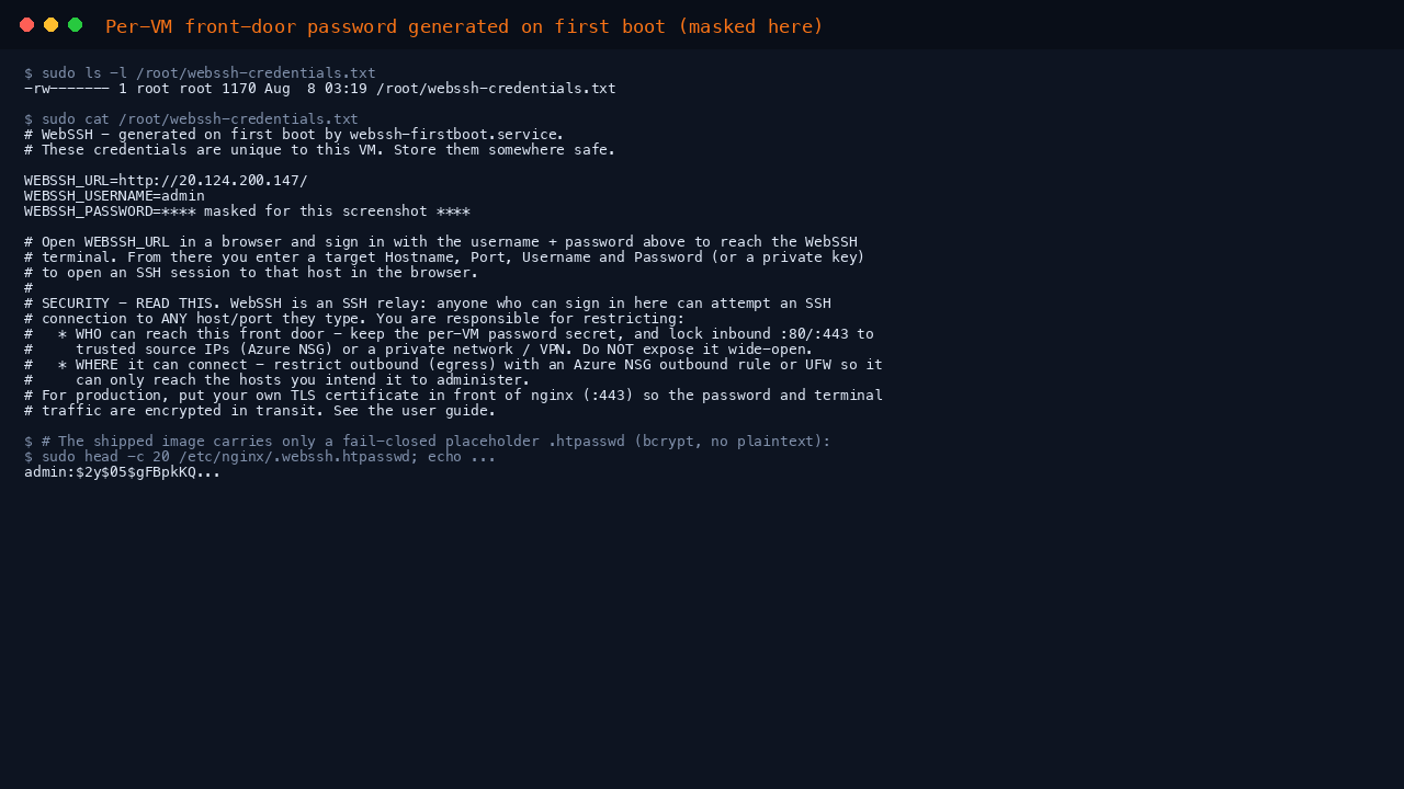 The per-VM credentials file /root/webssh-credentials.txt with the password masked, showing the WebSSH URL and the security notes, plus the fail-closed bcrypt placeholder that ships in the image