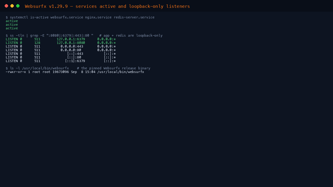 The websurfx, nginx and redis-server services reporting active, the loopback Websurfx listener on 127.0.0.1:8080 and Redis on 127.0.0.1:6379 behind nginx on 443, and the pinned Websurfx release binary