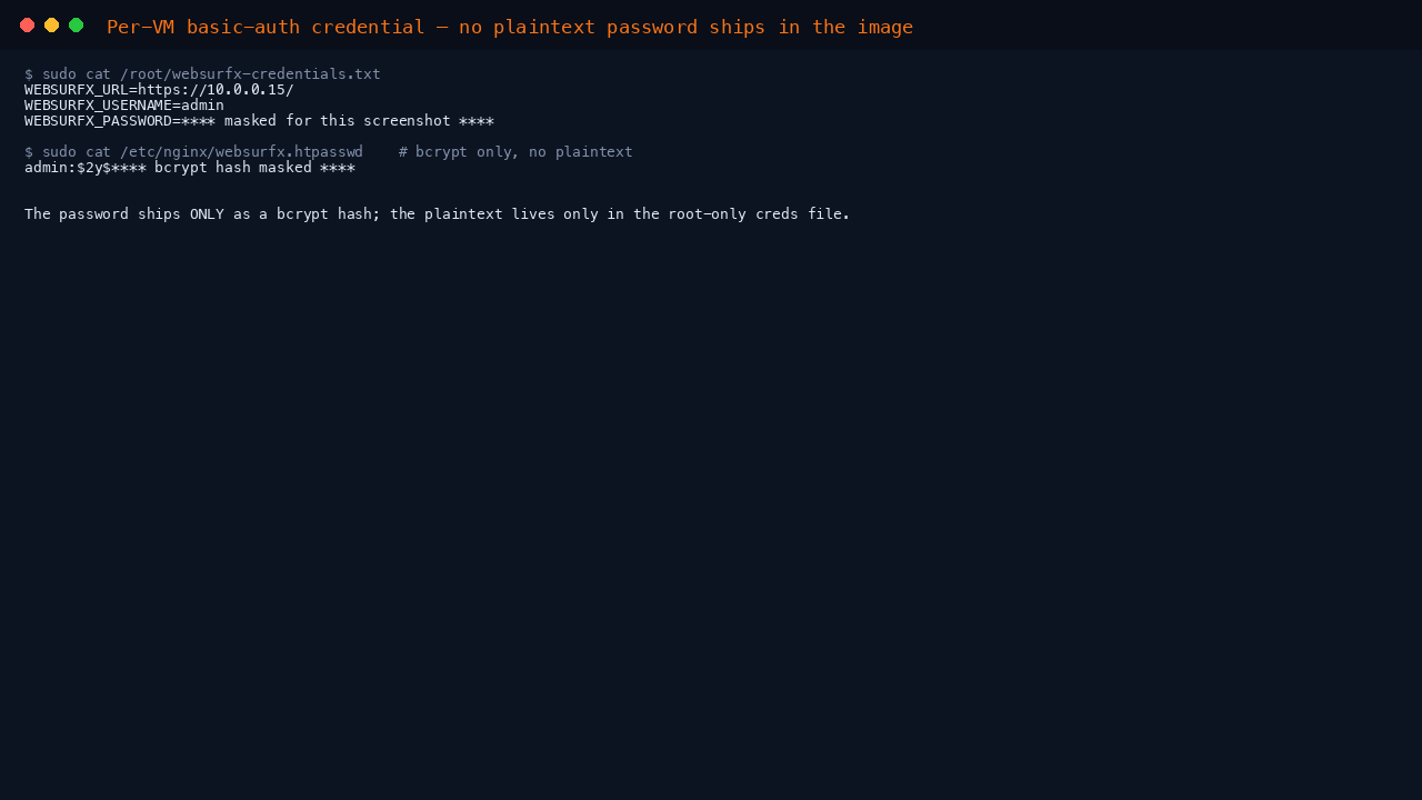 The pinned Websurfx binary, the per-VM credentials file with the generated admin password and HTTPS URL, and the bcrypt websurfx.htpasswd entry proving no plaintext password ships