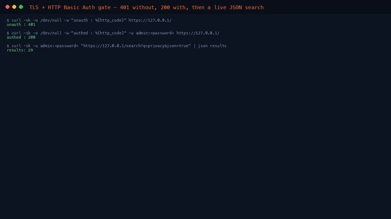 The HTTP Basic Auth round-trip over TLS returning 401 unauthenticated and 200 with the per-VM password, followed by an authenticated JSON search returning the aggregated result count