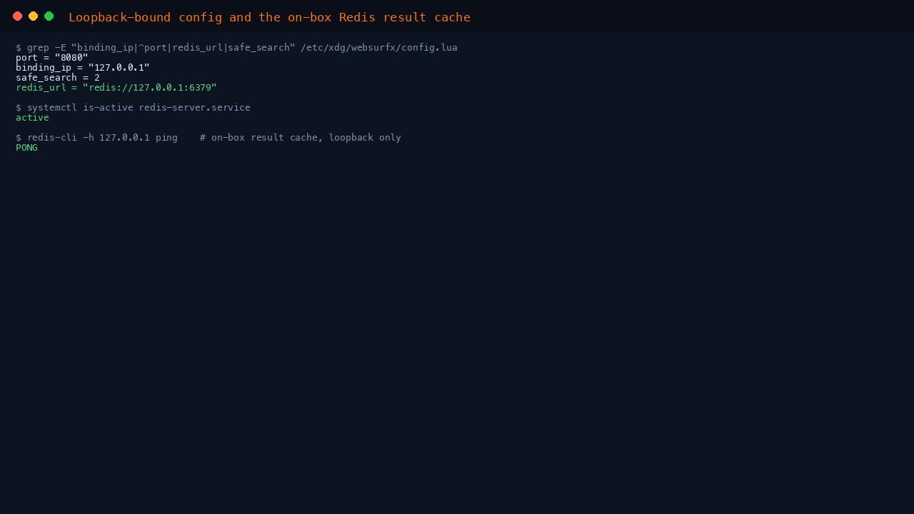The Websurfx config.lua key values binding it to loopback with the Redis cache URL and safe-search level, and Redis answering PONG on loopback