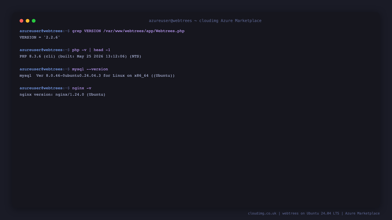 webtrees 2.2.6, PHP 8.3, MySQL 8.0, and nginx 1.24
