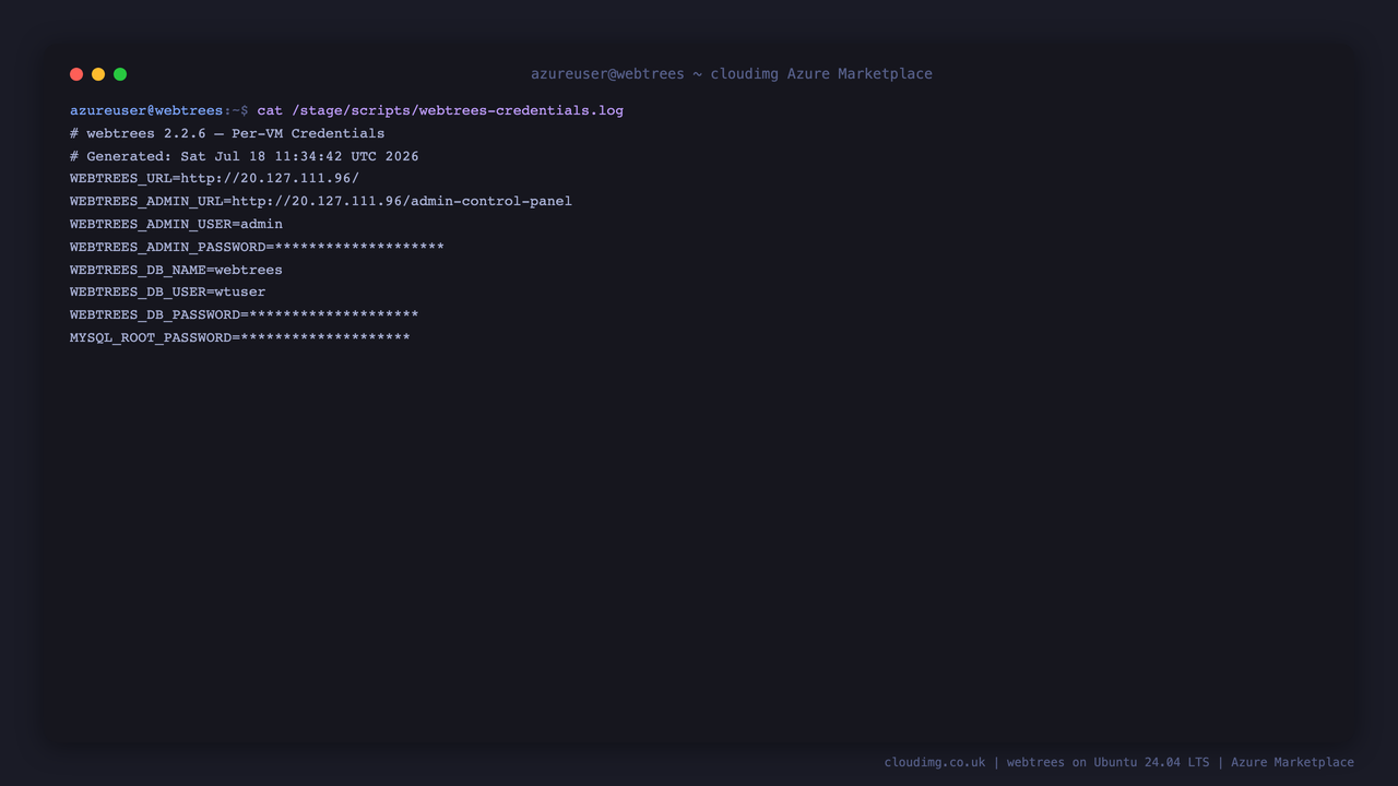 The per VM credentials file with the administrator user and rotated passwords