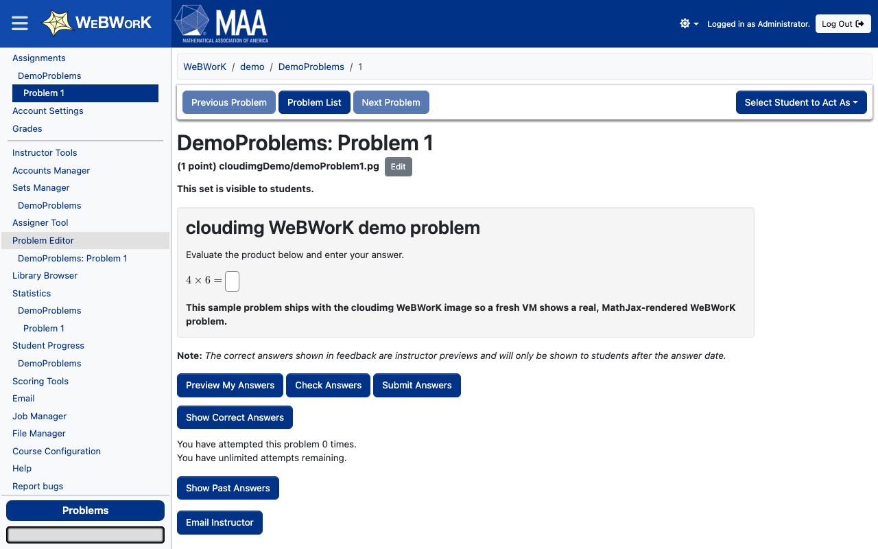 A MathJax-rendered WeBWorK problem in the demo course