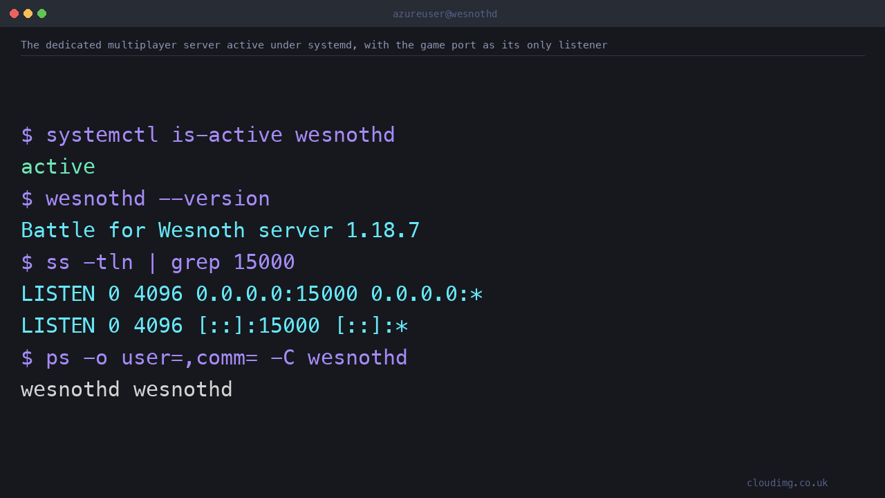 The dedicated multiplayer server active under systemd, reporting its version, with the game port as its only listener