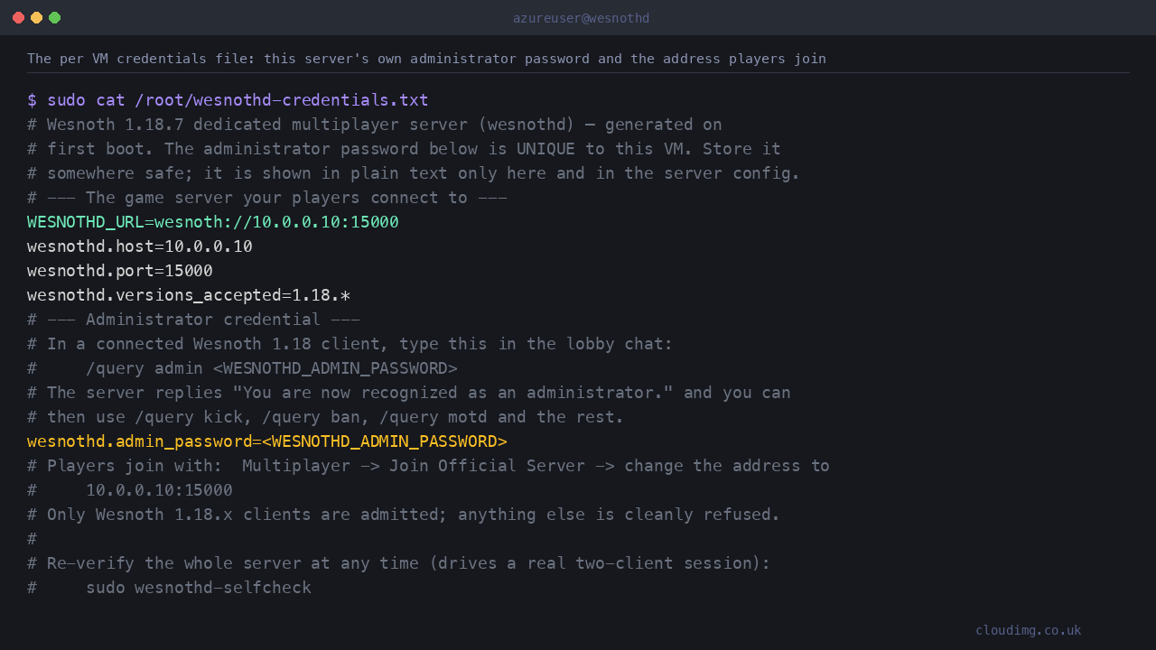 The per VM credentials file with this server's own moderator password and the address players join