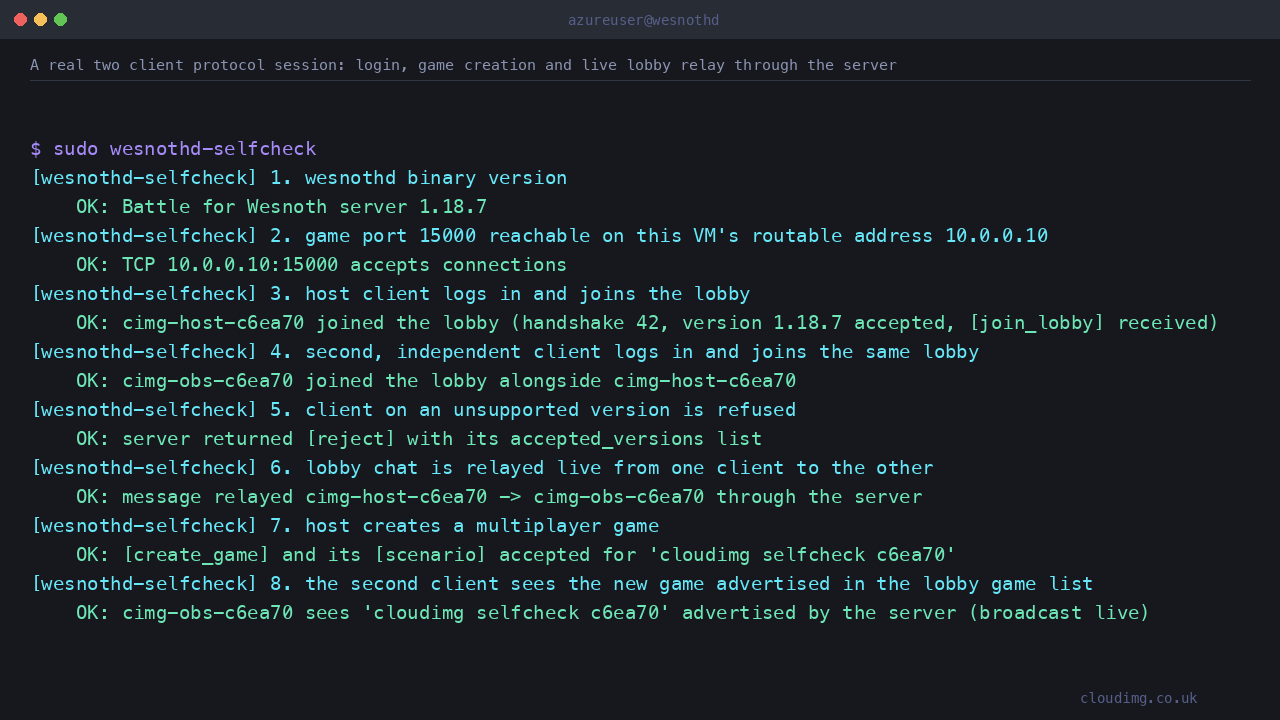 A real two client protocol session: login, game creation, lobby advertisement and live relay through the server