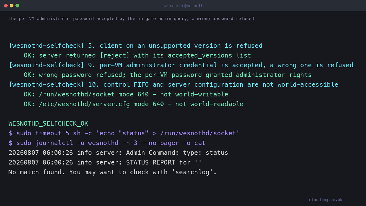The per VM moderator password accepted by the in game admin query, and a wrong password refused