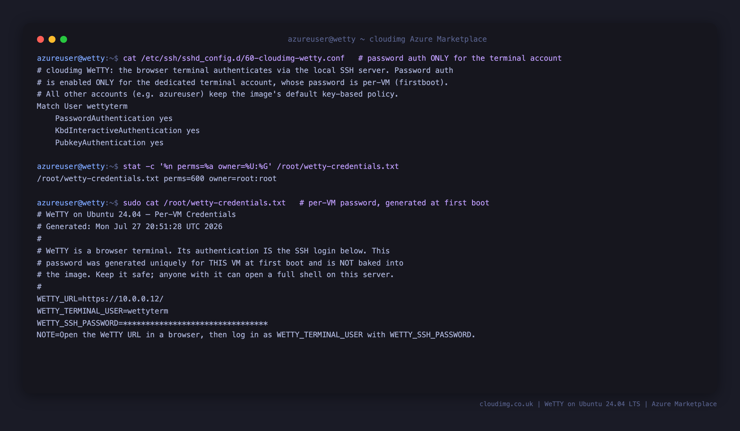 The SSH match rule enabling password authentication only for the wettyterm account, and the per VM credentials file stored 0600 root:root