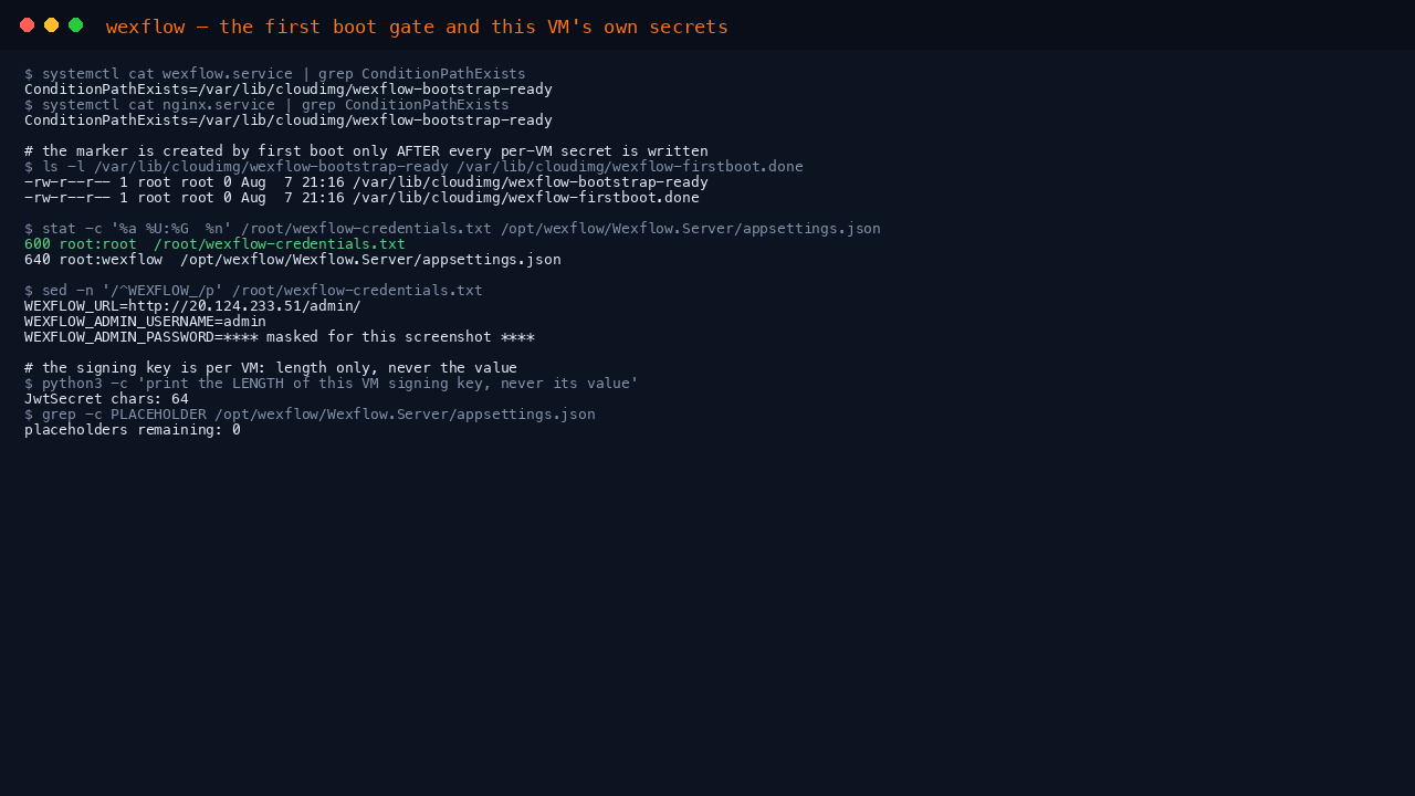 The first boot gate on this instance: both the engine and nginx conditioned on the bootstrap ready marker, the marker and the completion sentinel present, the credentials file owned by root with mode 0600, the engine settings file readable only by root and the service account, and the per instance signing key reported by length with no placeholders remaining