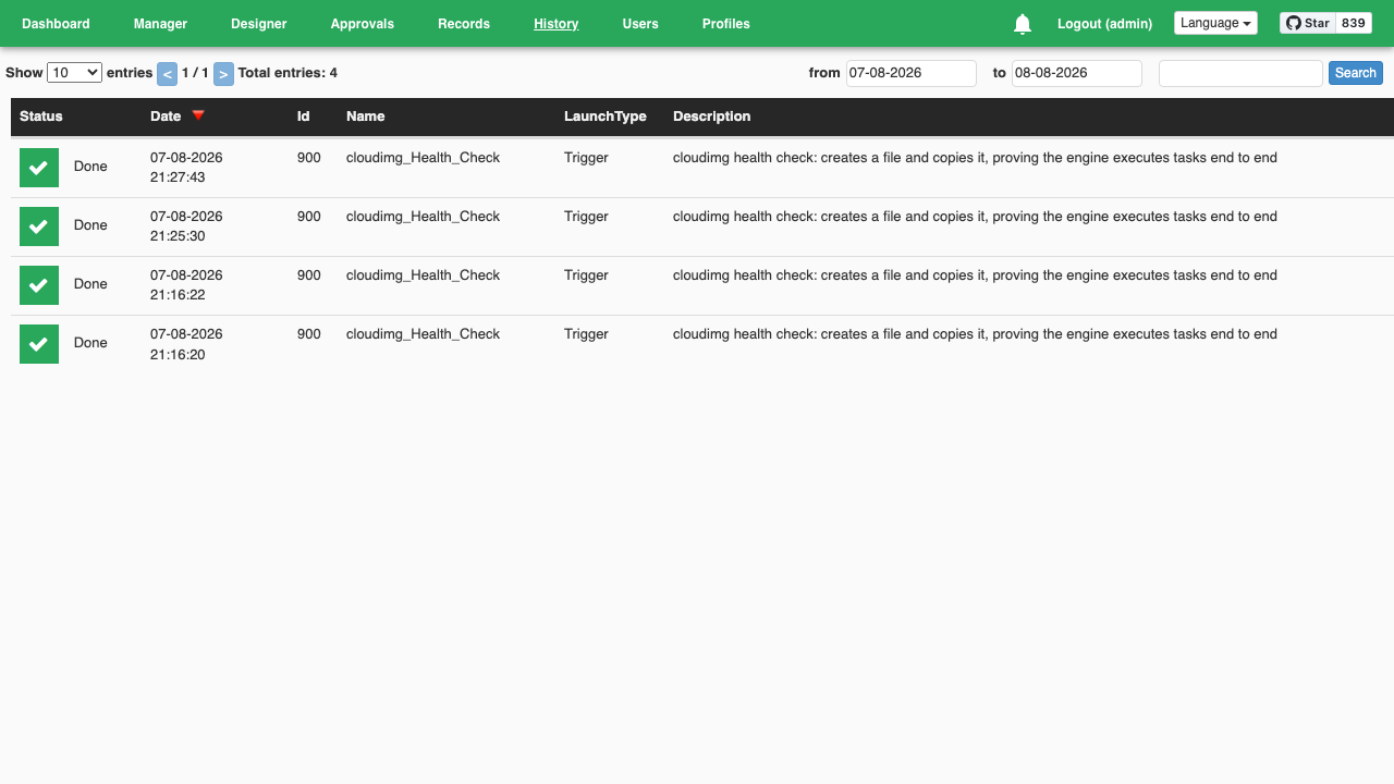 The Wexflow history view listing recorded runs with their status, date, workflow id, name, launch type and description, and the date range and search controls above the table