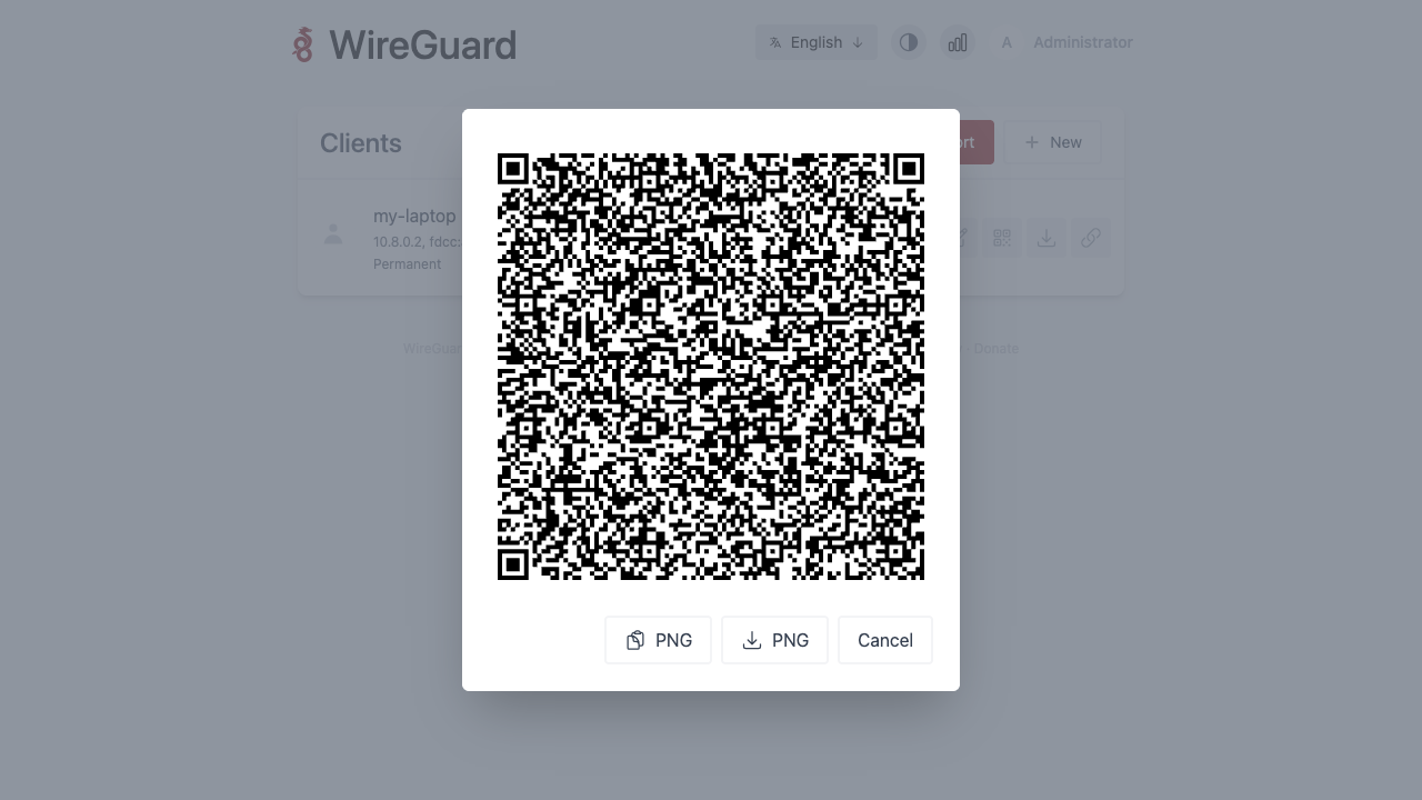 The client configuration QR code dialog for the my-laptop peer, ready to scan into the WireGuard mobile app, with copy and download PNG options