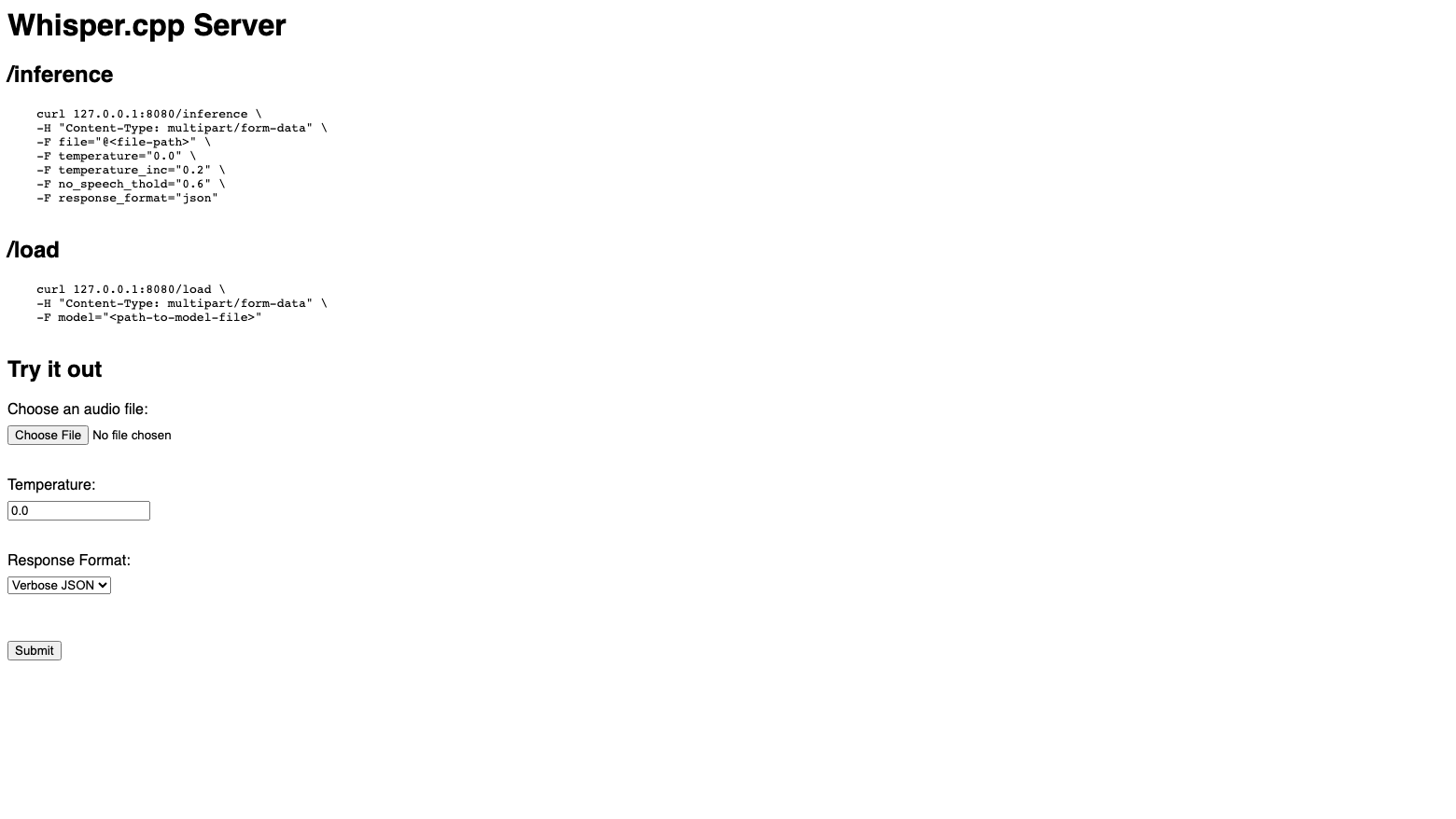 The whisper.cpp server page, showing the inference API example and the Try it out upload form
