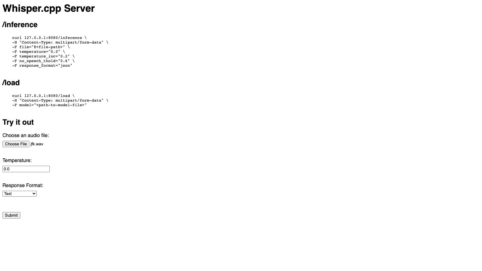 The upload form with jfk.wav chosen, temperature 0.0 and the response format set to Text
