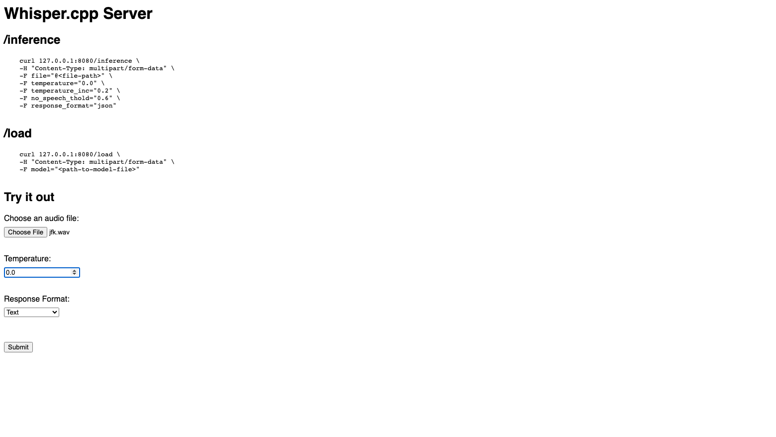 The upload form with jfk.wav chosen, temperature 0.0 and the response format set to Text