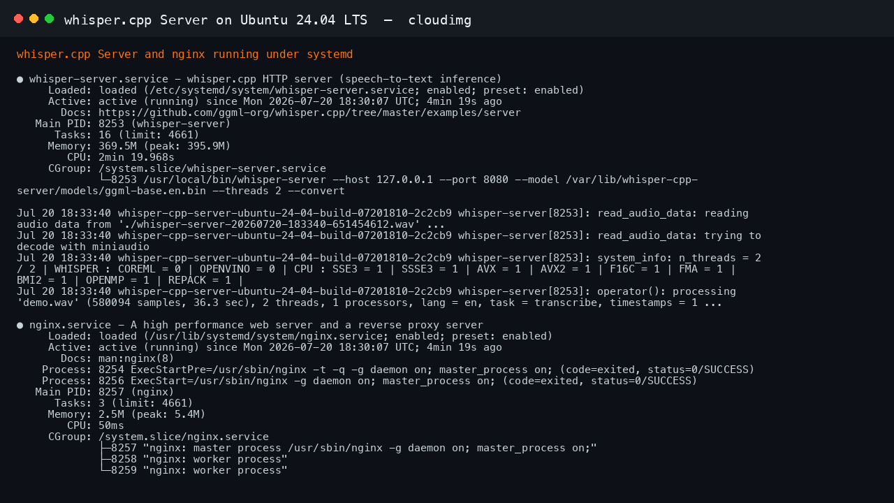 Both the whisper.cpp server and nginx report active and running under systemd