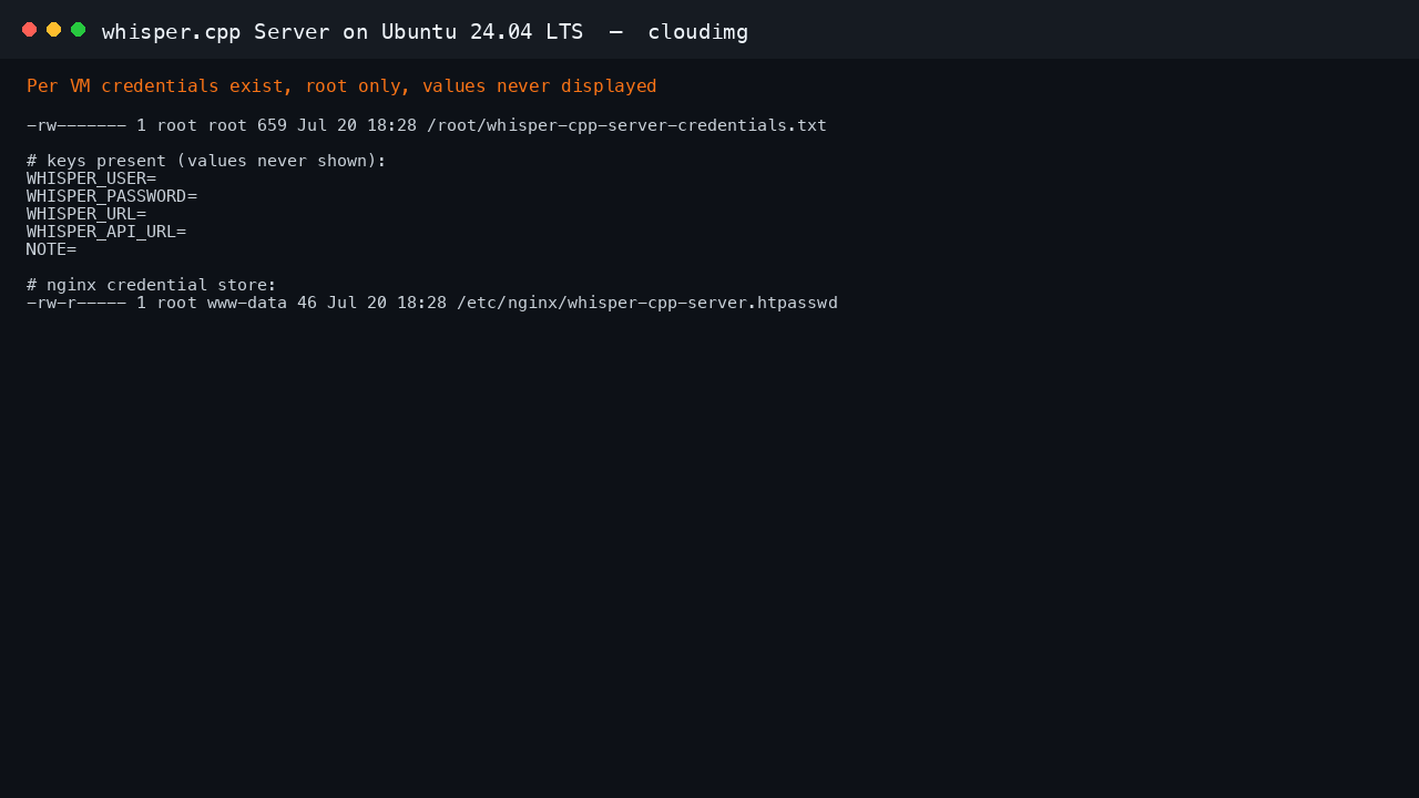 The credentials file is present, owned by root and readable only by root, with the password value never displayed
