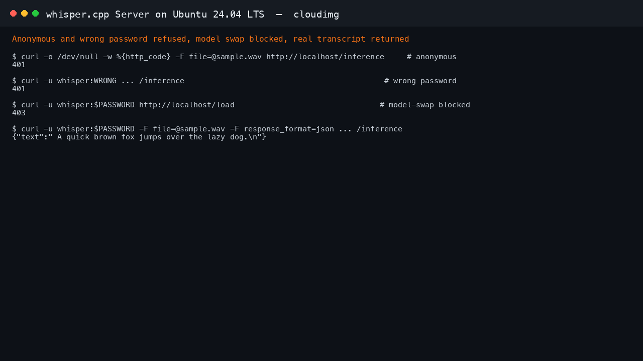 Anonymous and wrong password requests are refused, the model swap endpoint is blocked, and an authenticated request returns a real transcript