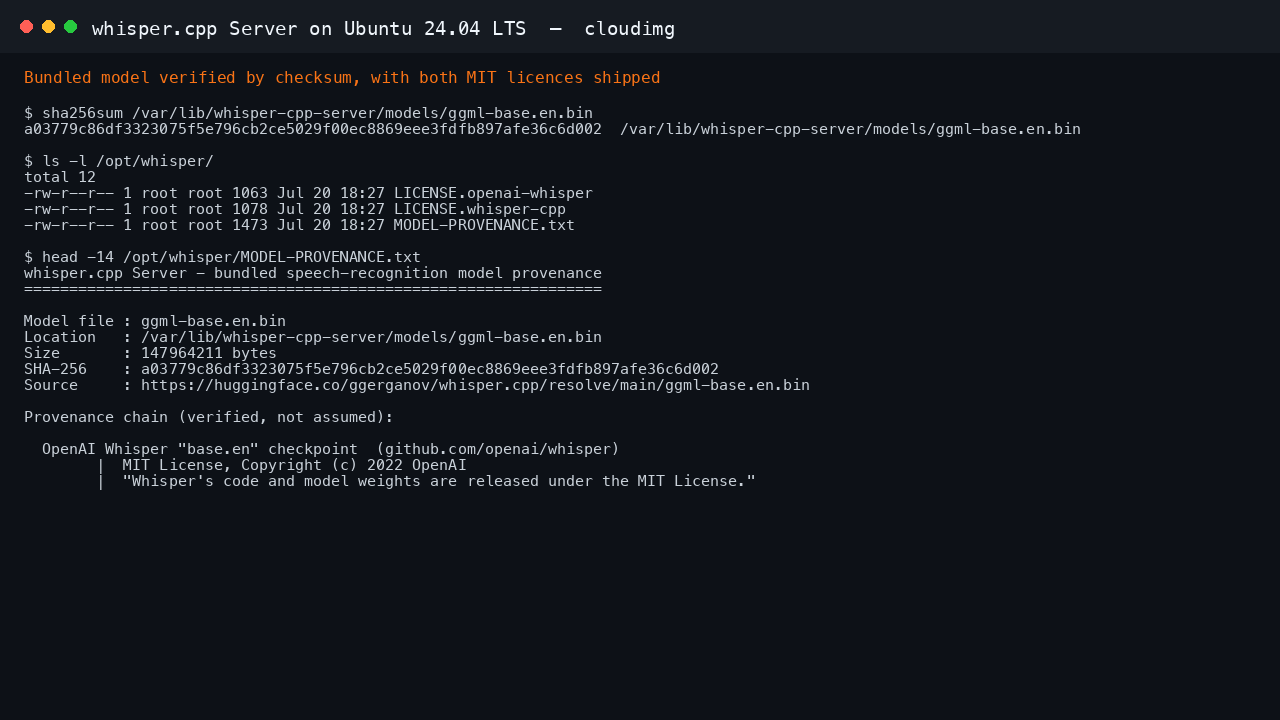 The bundled model matches its recorded checksum, and both MIT licence notices ship alongside a written provenance record