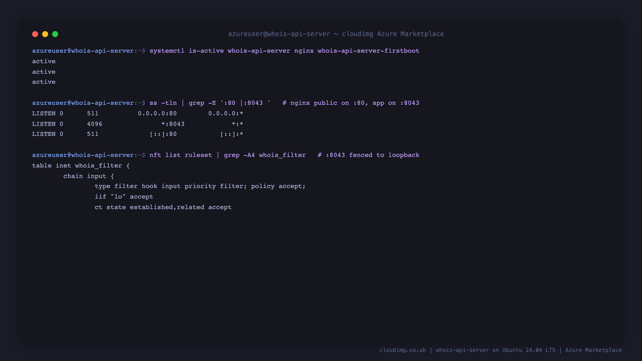 The two services active, nginx public on :80 with the API on :8043, and the nftables rule fencing the app port to loopback