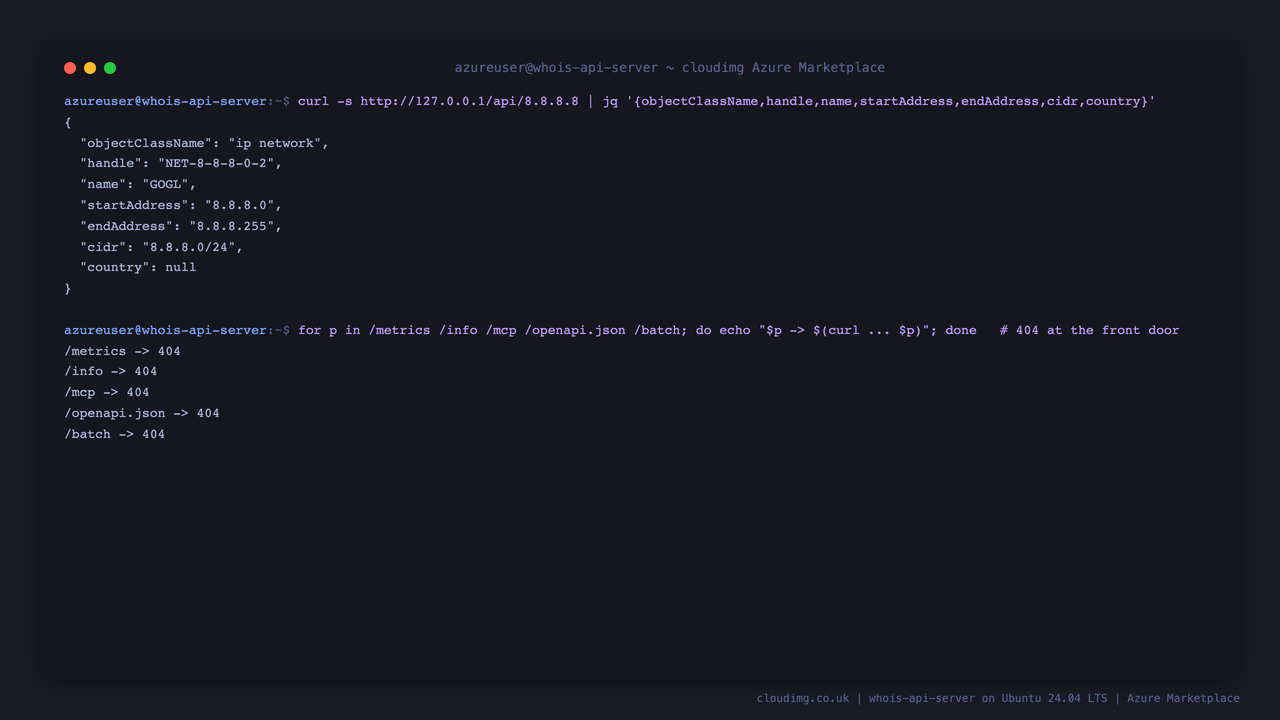 An IP lookup returning an RDAP network object, and the front-door allowlist returning 404 for the operational, MCP and batch endpoints