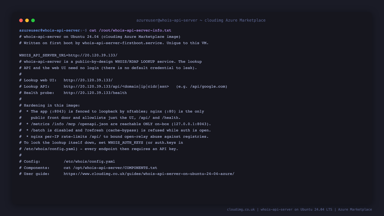 The per-VM instance info file: the lookup URLs and the secure-by-default hardening summary