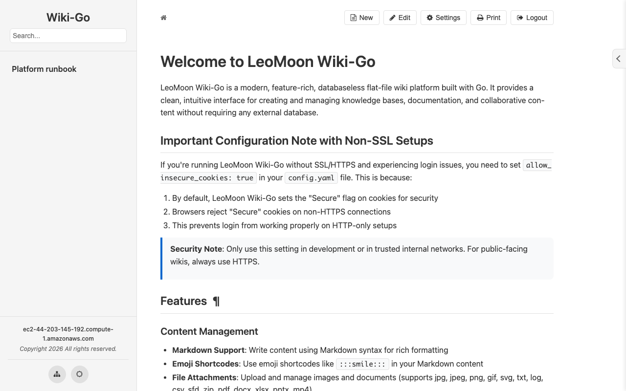 The Wiki-Go home page after signing in as admin, with the page tree and search box in the sidebar and the New, Edit and Settings tools in the toolbar