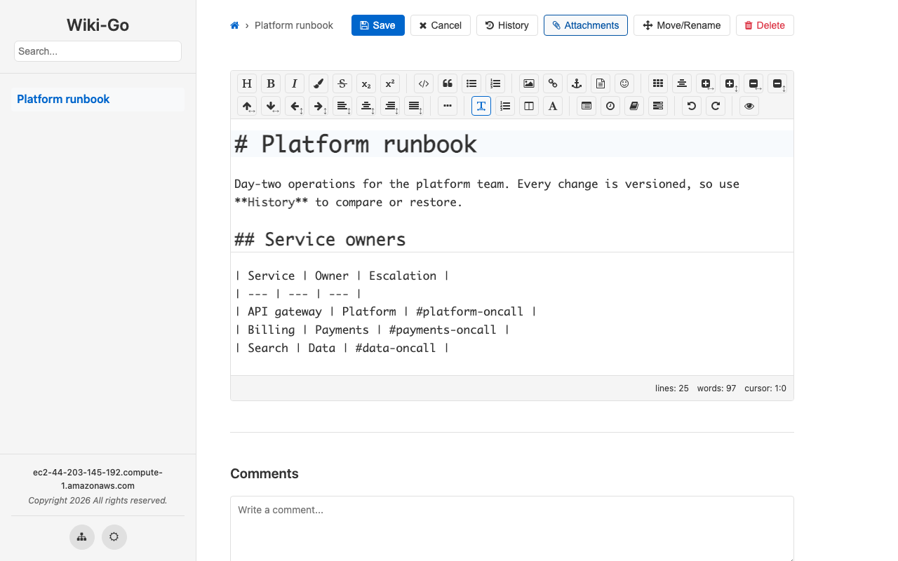 The Wiki-Go Markdown editor open on a runbook page, with the formatting toolbar above the Markdown source