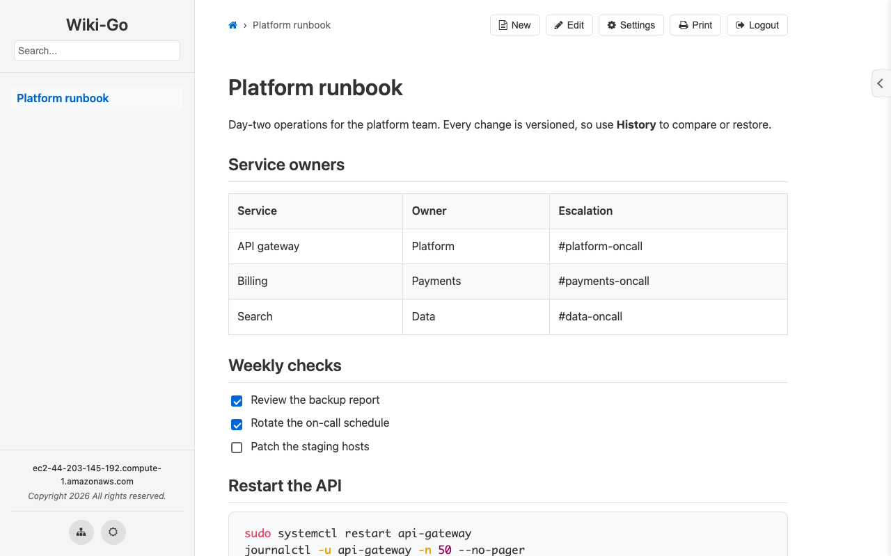 A rendered Wiki-Go page with a table, a task list and a syntax highlighted code block, and the page in the sidebar tree