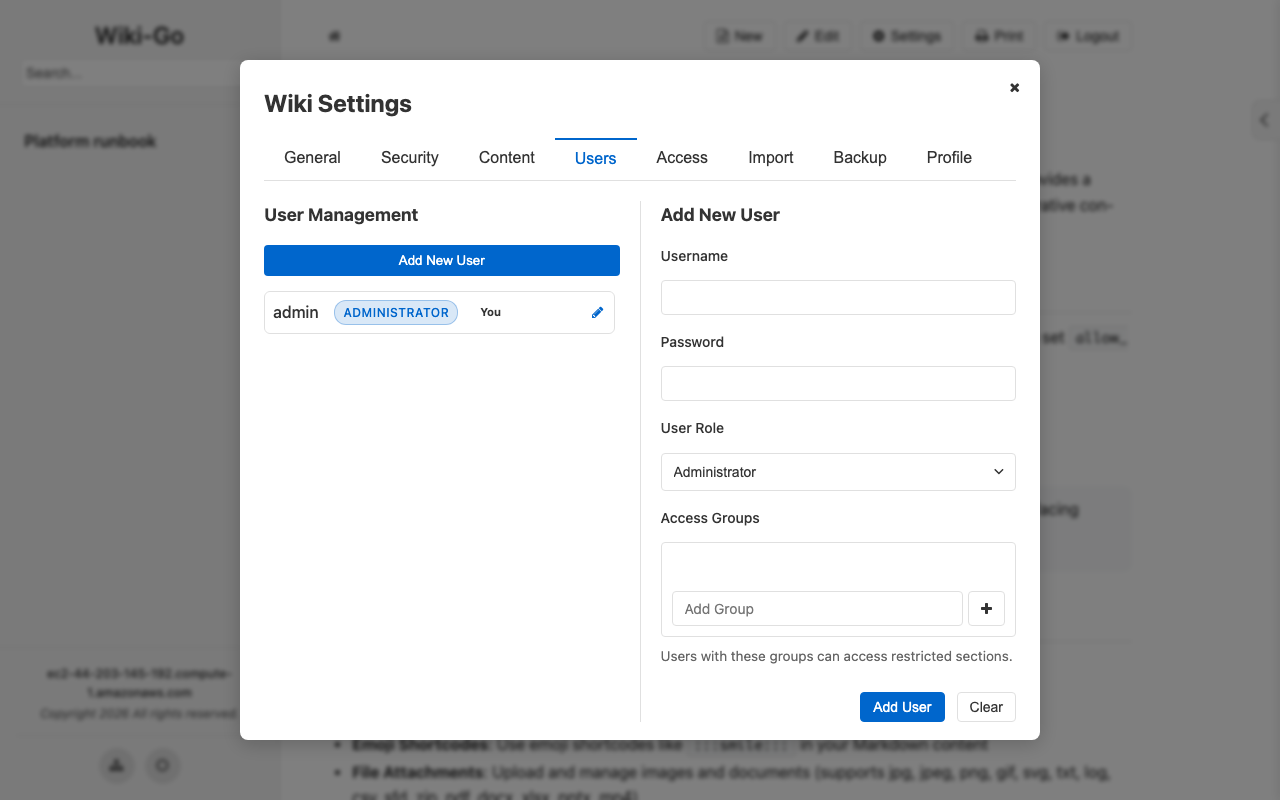 The Wiki-Go settings dialog on the Users tab, listing the admin account with its role