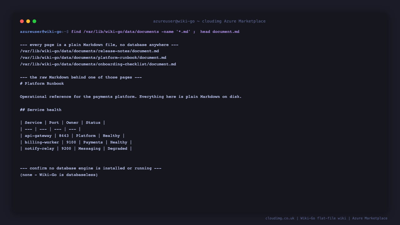 The Wiki-Go content directory listing plain Markdown files, the raw Markdown behind one page, and confirmation that no database engine is running