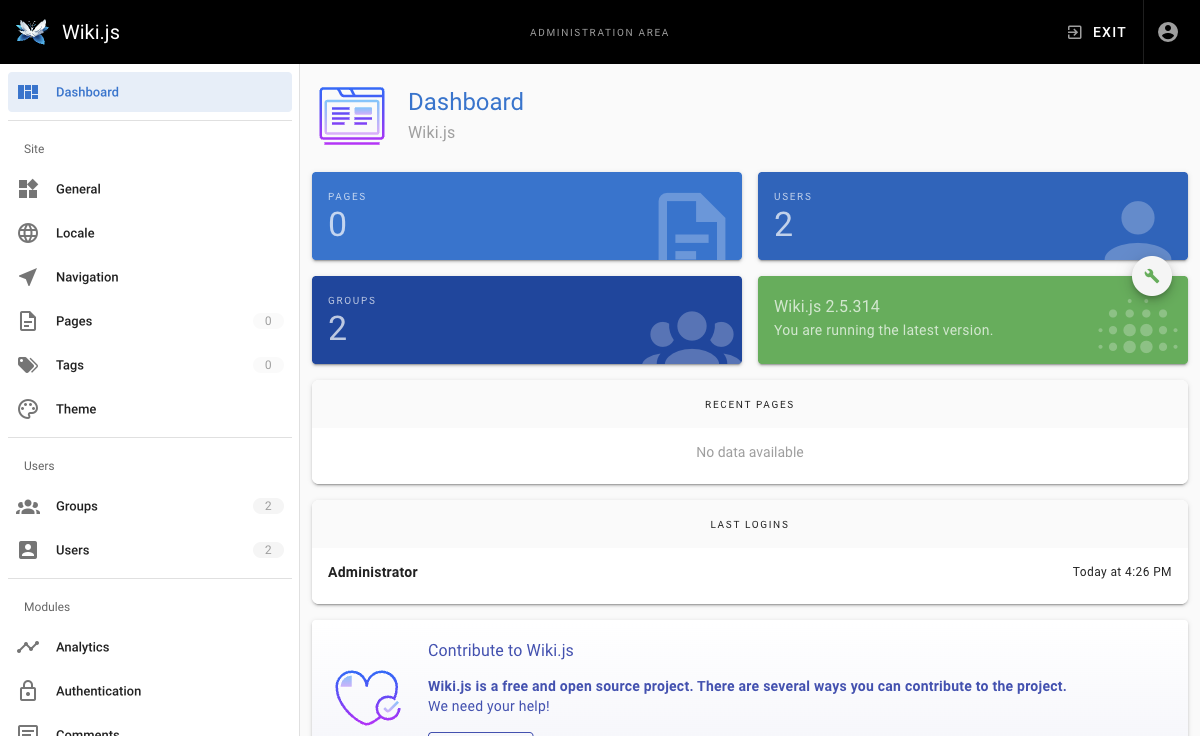 Wiki.js administration dashboard