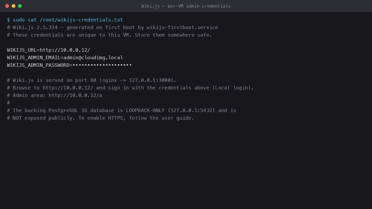 The per-VM admin credentials file and the health endpoint returning HTTP 200