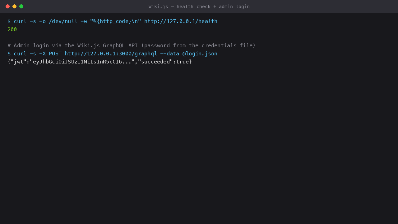 The Wiki.js health check returning HTTP 200 and the admin GraphQL login returning a JWT