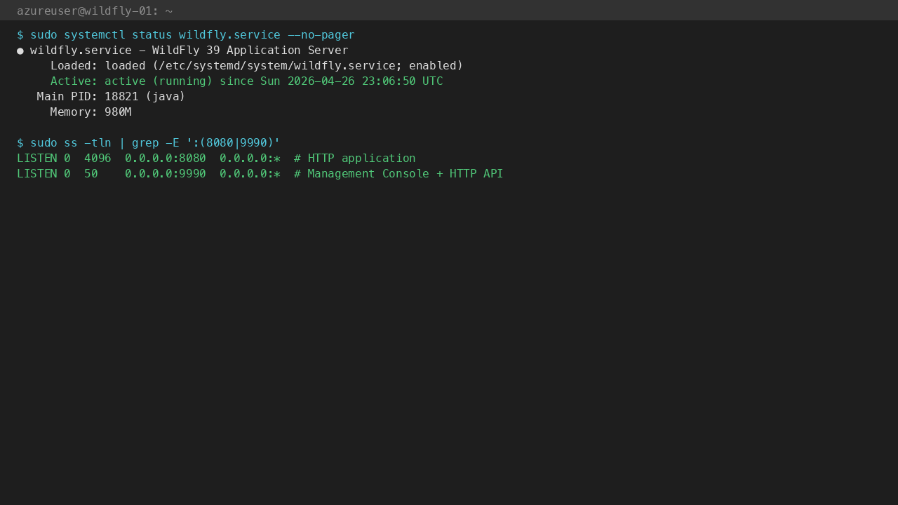 wildfly.service active (running) with HTTP 8080 and Management 9990 listeners bound on 0.0.0.0