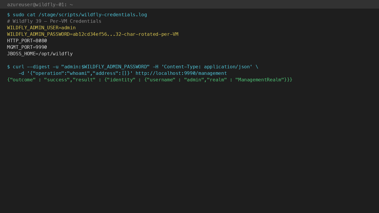 /stage/scripts/wildfly-credentials.log shows per-VM admin password; mgmt API whoami digest auth returns username=admin, realm=ManagementRealm