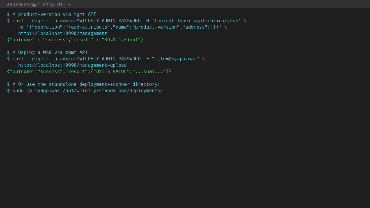 Mgmt API product-version returns 39.0.1.Final; WAR deploy via management-upload + alternative deployments scanner directory shown