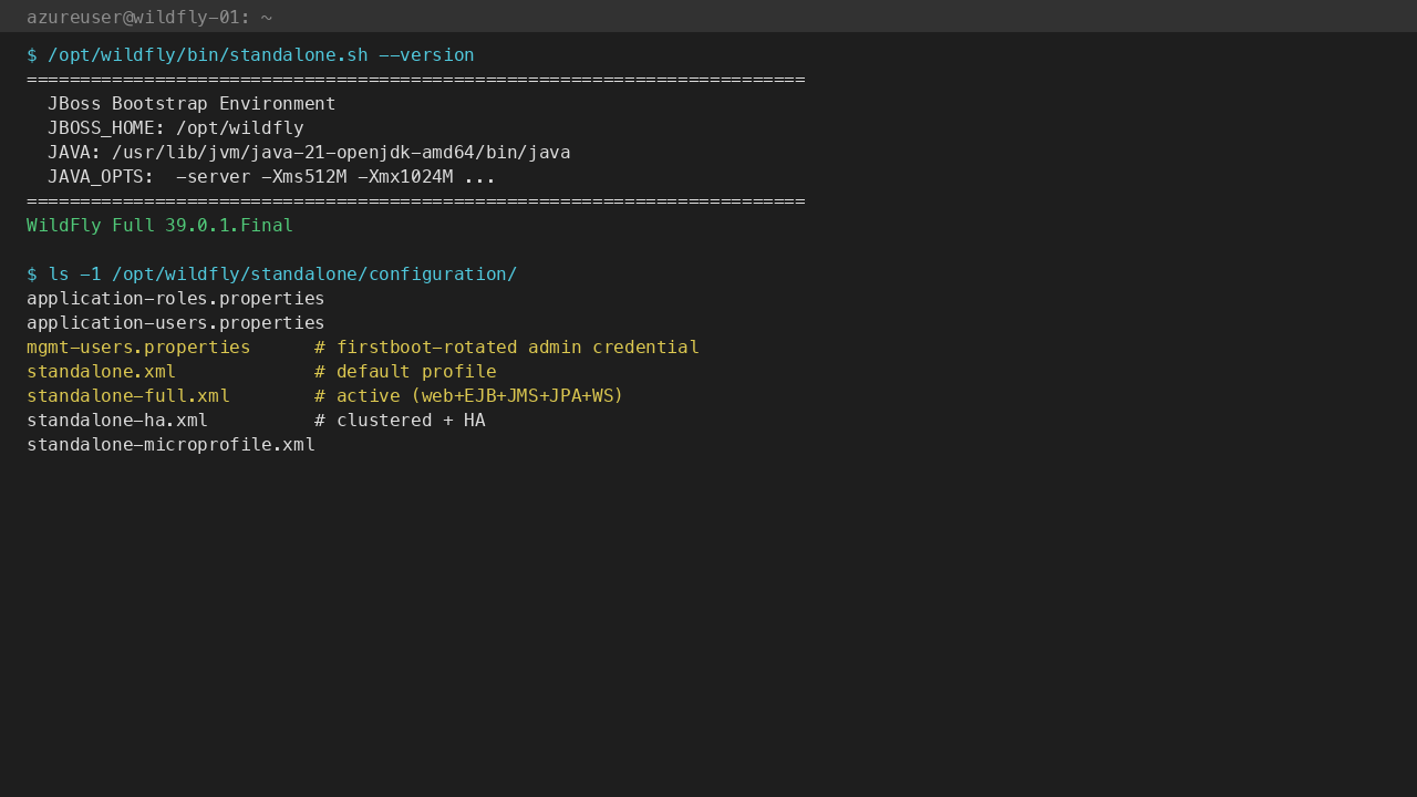 WildFly Full 39.0.1.Final on JVM 21; standalone.xml profiles inventory (default, full, ha, microprofile)