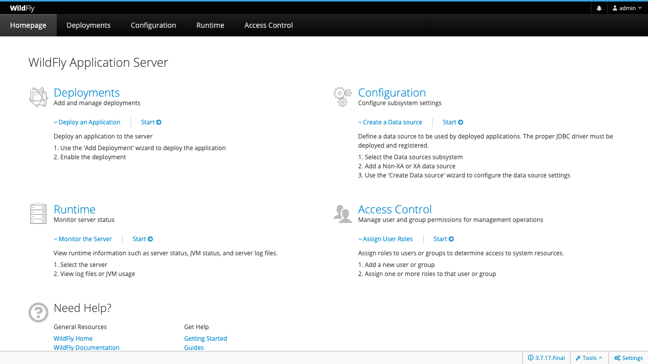 WildFly Management Console main dashboard after login showing top-nav (Configuration, Runtime, Deployments, Patching, Access Control), Server-Status panel, JVM info